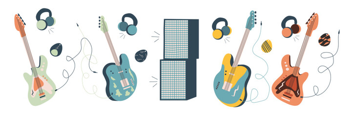 Flat style illustration of a set of electric guitars, picks, headphones, and speakers. Minimalistic and modern design with bold colors