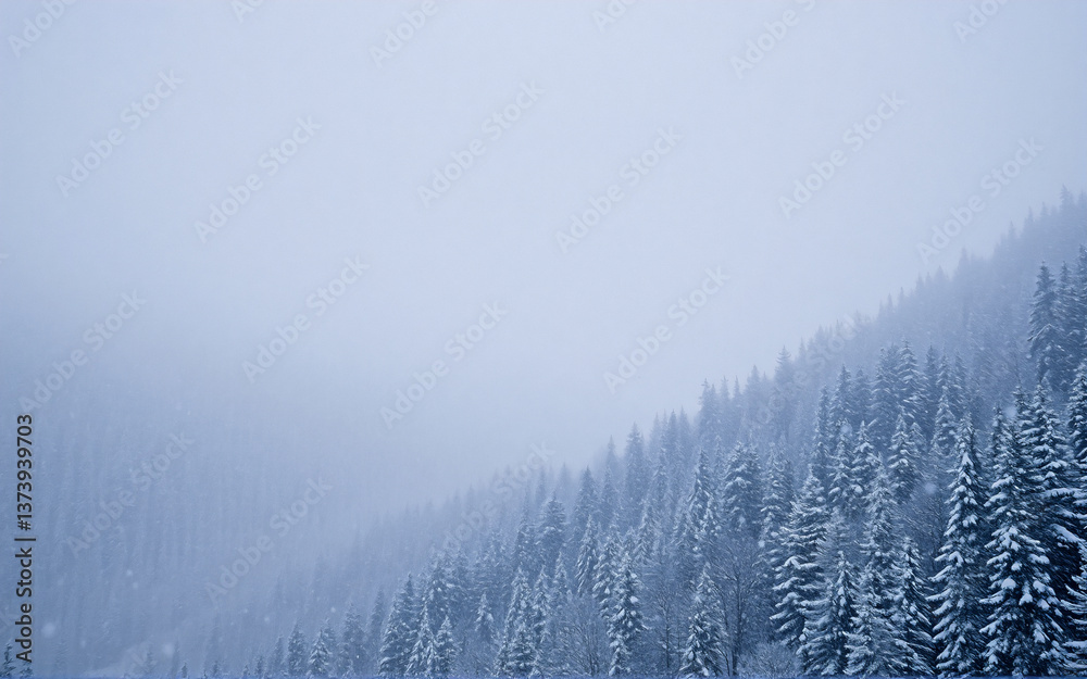 Poster a serene winter scene featuring a snow-covered evergreen forest disappearing into a misty, overcast 