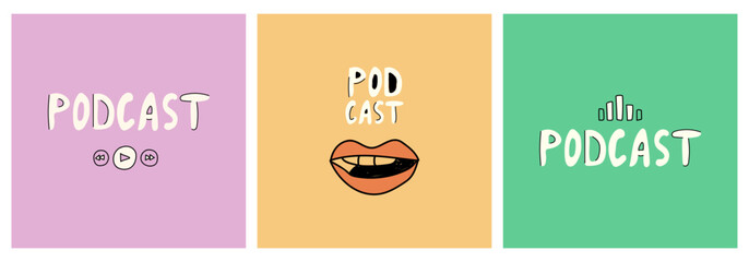Set of three vertical podcast banners with bold typography and audio-related graphics. Each banner features a unique color: purple (play symbols), orange (mouth), and green (sound waves). Ideal for di