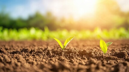 Seedlings Growing in Soil, Young plants sprouting in rich earth, sunlight.
