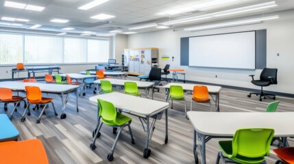 Modern classroom with flexible seating arrangement and ample natural light designed for collaborative learning