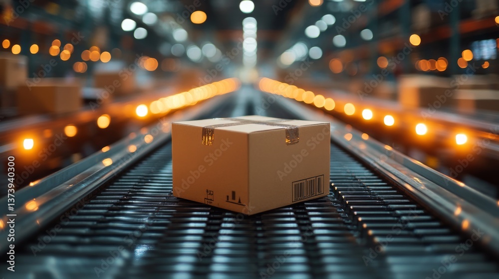 Poster A package rests prominently on a conveyor belt within a well lit logistics hub. Staff are sorting items, ensuring smooth distribution during peak operational hours.