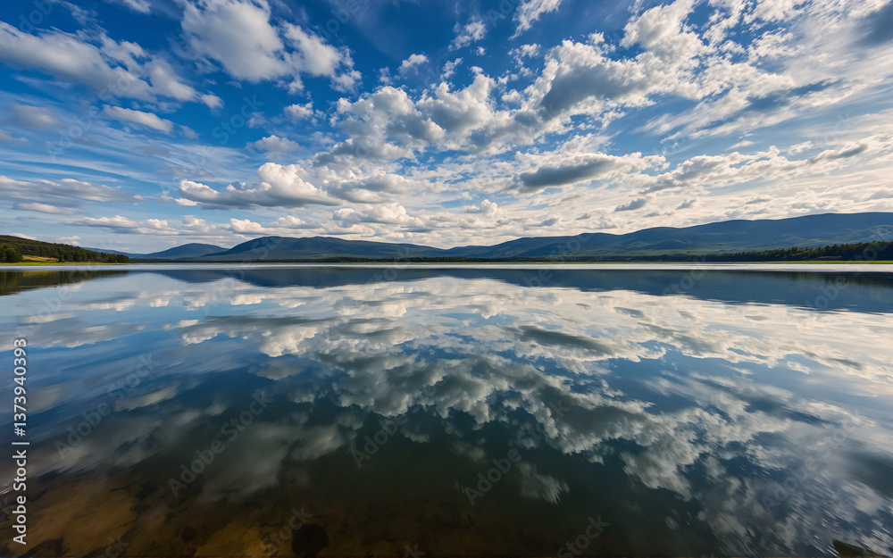 Aufkleber serene landscape featuring a calm lake reflecting fluffy white clouds and a bright blue sky. distant