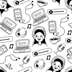 Seamless hand-drawn pattern featuring podcasting and music elements: headphones, laptop, smartphone, microphone, coffee cup, play button, and a smiling girl in headphones. Black and white, minimal. 