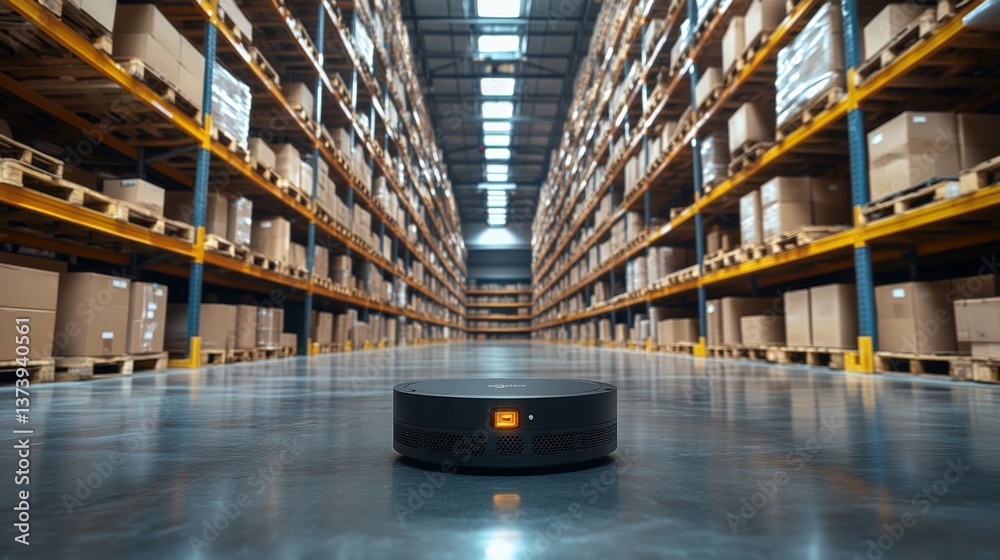 Fototapete An automated robot is navigating through a spacious warehouse filled with neatly stacked boxes on pallets, efficiently handling logistics and inventory tasks.