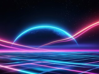 Retro-futuristic landscape with neon grid, planet, and glowing streaks, evoking a sense of futuristic adventure.