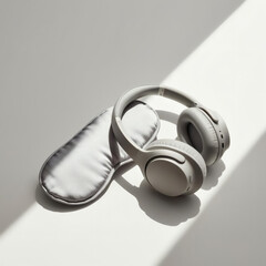 A travel comfort kit featuring noise-canceling headphones, a soft sleep mask on a white background. Perfect for relaxation during flights, long journeys, or restful sleep on the go.