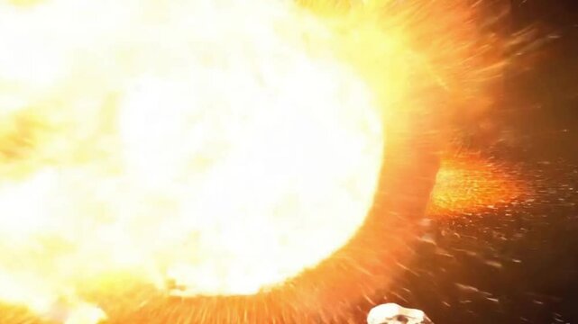 Dramatic explosion of an asteroid in deep space with intense orange and yellow light burst. Flying debris and fragments scatter in cosmic void. Celestial catastrophe captured in vivid detai