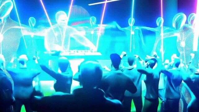 Futuristic nightclub scene with holographic performers and digital wireframe figures in bright neon blue lighting. Crowd silhouettes dancing beneath vibrant light show and high-tech visual effects dis