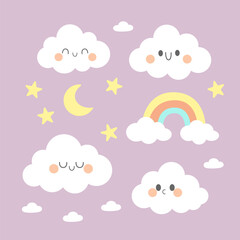 Cartoon weather elements with smiling faces. Smiling clouds and pastel rainbow with moon and stars – kawaii weather vector set for children’s room, baby shower or kids design