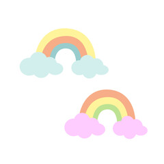 Cute rainbow with pastel clouds vector set. Cute pastel rainbow with fluffy clouds – cartoon vector set for kids, baby design, nursery prints, children’s decor and playful sky illustration.