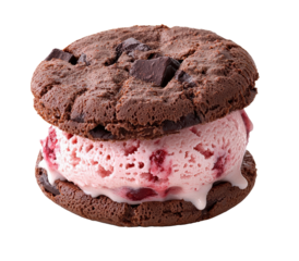 Ice cream sandwich with chocolate cookies and strawberry ice cream on transparent background png format