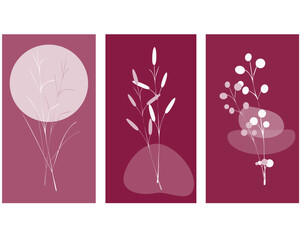 Set of three abstract branches on a purple background. Vector patterns for wall decor, tiles, postcards