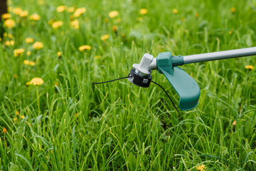 Reel of grass trimmer with fishing line, electric scythe on green grass background. Trimmer head...