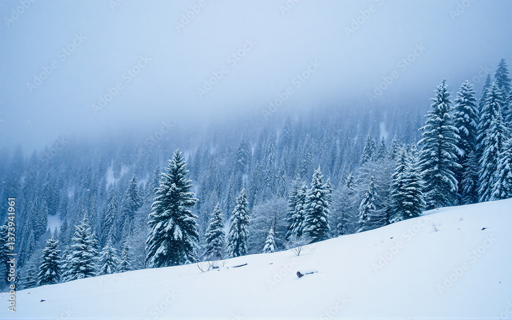 Poster snowy mountain slope with evergreen trees under a misty sky. winter landscape with snow covered pine