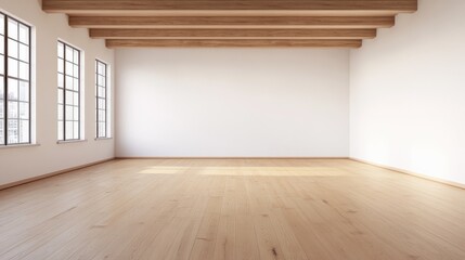 Obraz premium minimalist interior design neutral tones mindfulness Empty room with wooden flooring and large windows, featuring exposed beams on the ceiling.