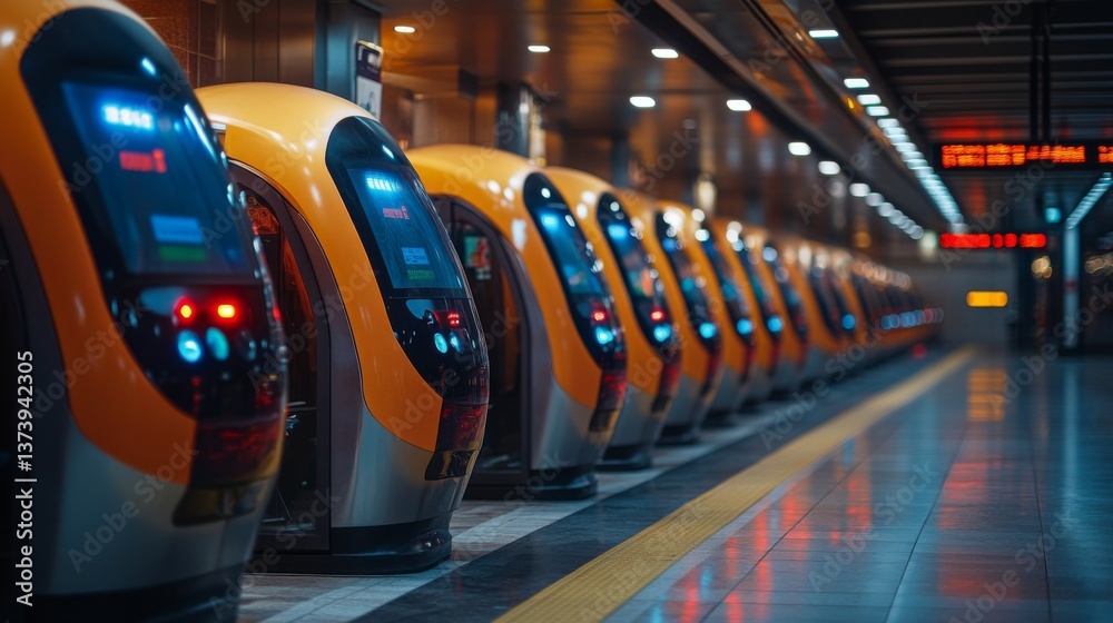Poster A line of automated transportation units waits at a busy urban subway station, showcasing advanced logistics and monitoring technology designed for efficient passenger flow and security.