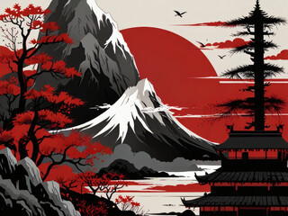 illustration of a chinese beckground red tree in the wood and tample