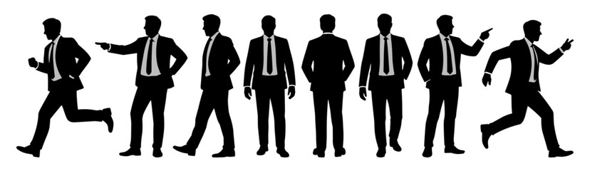 Silhouettes of Businessman character in different poses. Business man in formal suit standing front, back, rear, side view, pointing, walking, running. Vector black illustrations isolated