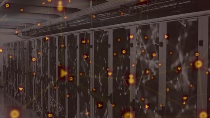 Network connections and social media icons animation over server room cabinets - Powered by Adobe