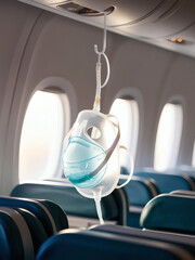 The safety equipment - an oxygen mask hangs above a passenger seat inside an airplane