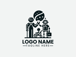 Robot And Human Friends Vector Logo Design, Human Robot Friendship Logo Friendly Robot And Human Logo