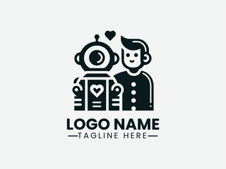 Robot And Human Friends Vector Logo Design, Human Robot Friendship Logo Friendly Robot And Human Logo