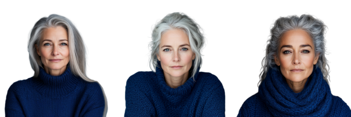 Elegant portrait of a mature women with silver hair, wearing a cozy  sweater.  Perfect for concepts of confidence, beauty, aging gracefully, and winter fashion.