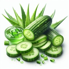 Fresh green cucumber slices, a healthy vegetarian ingredient isolated on white