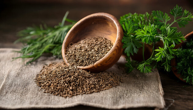 A wooden bowl filled with cumin seeds rests on a textured surface, surrounded by fresh herbs, creating a rustic culinary scene