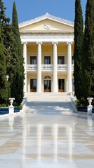 Obraz premium Visitors approach a vibrant art museum in Athens, framed by tall cypress trees and grand white columns under a clear sky