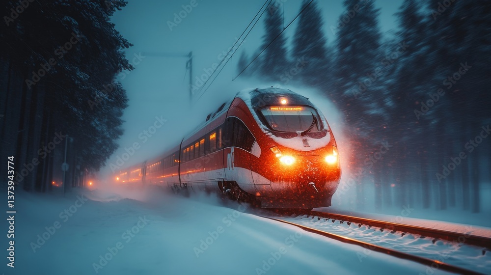 Poster a high speed train travels through a snow covered forest at dusk, highlighting the efficiency of mod