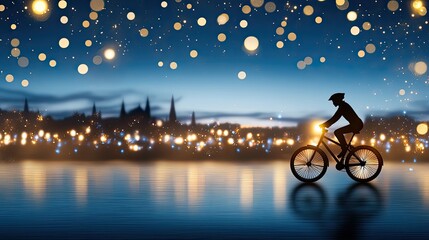 A cyclist speeds down a glowing street, clad in black and blue dots, amidst a flurry of vibrant lights and abstract motion