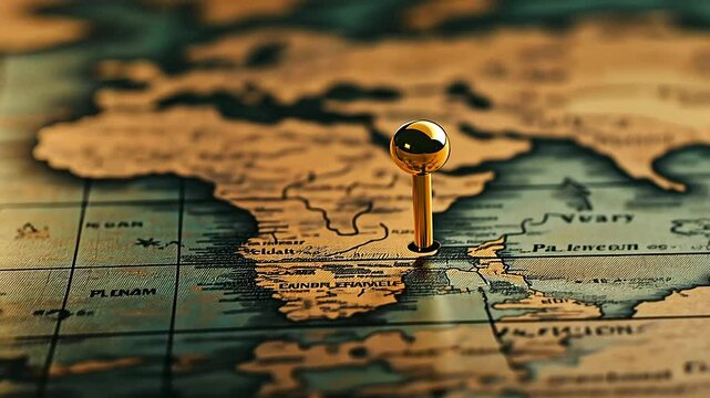 A close-up of a vintage world map, a small metallic gold pin marking a significant travel destination, surrounded by delicate compass markings.