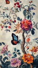 Vintage maximalist wallpaper art illustration butterfly.