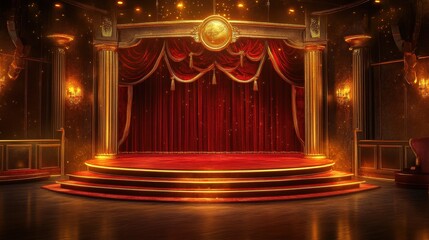 A dramatic stage podium with a red velvet curtain backdrop and golden lighting