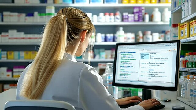A detail-oriented blonde pharmacist, sitting at a pharmacy counter, reviewing prescription details on a large computer screen, shelves of medicine behind her.