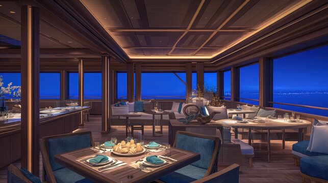 Luxury yacht deck dining, ocean view, night
