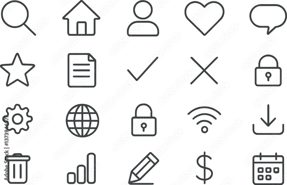 Poster collection of simple thin line icons representing common symbols for design, web, and user interface