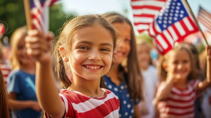 Fototapeta premium Happy children celebrating with American flags at a festive event 