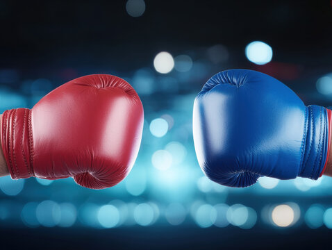Boxing gloves in red and blue colors are clashing against blurred background, symbolizing competition and intensity in financial market. image evokes sense of rivalry and excitement