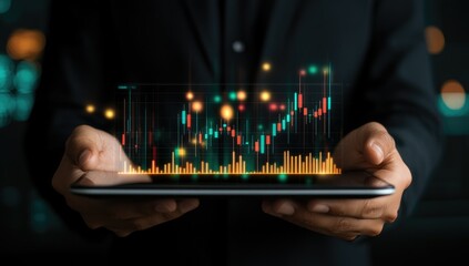 Business professional analyzing stock market trends on a tablet in a modern office environment. with digital graphs and data displayed in the background