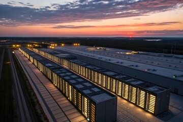 Data center illuminated by sunset with technology infrastructure in view