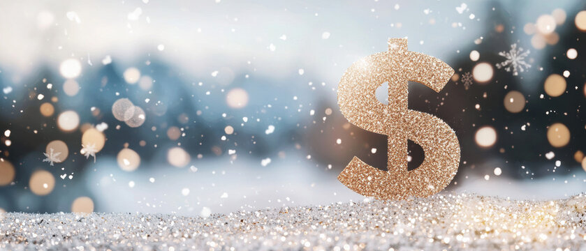 sparkling dollar sign stands prominently against blurred winter backdrop, surrounded by falling snowflakes and soft bokeh lights, evoking sense of festive cheer and prosperity