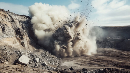 A large cloud of dust and debris is rising from a hole in the ground