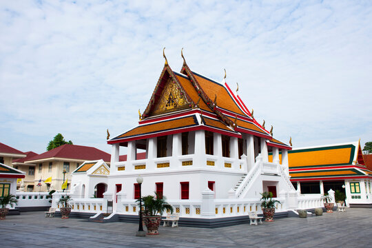 Ancient ordination hall and antique ubosot for thai people travelers travel visit respect praying blessing wish holy buddha myth mystery deity angel god in Wat Kalayanamit Temple in Bangkok, Thailand