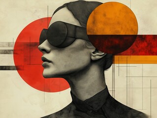 Abstract portrait of a woman with futuristic sunglasses, emphasizing geometric patterns and vibrant retro color scheme in illustrative design