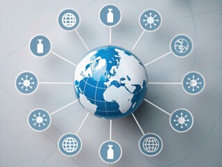 Vaccine development advances global health concept. Global network connected by icons depicting science and health concepts around a globe.