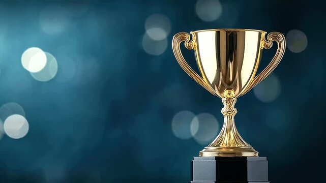 A golden trophy cup with a reflective surface, catching the light dramatically, set against a luxurious deep blue background with soft bokeh highlights.