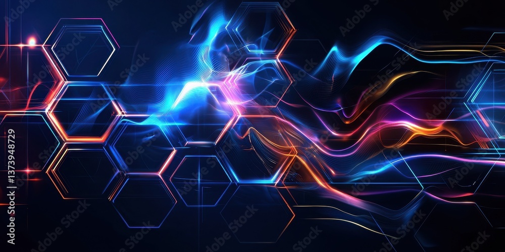 Poster abstract technology background with glowing hexagonal grid and colorful light trails on a dark surfa